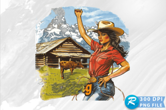 Cowgirl in Cows and Mountains Clipart Graphics