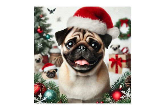 Cute Pug Dog with Christmas Santa Hat Graphics for Crafts